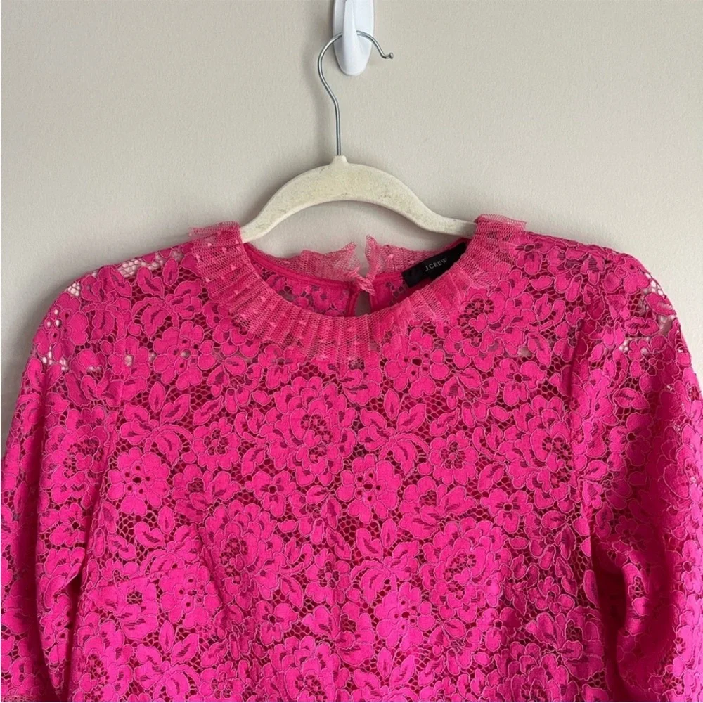 J. Crew Lace Top with Tulle Ruffle Keyhole Button Closure Pink Size XS